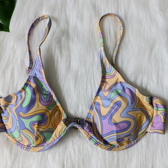 Abstract pattern purple green and yellow push up bikini top size L - Picture 10 of 10